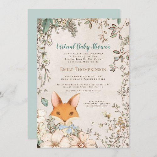Vintage Cute Fox Floral White Virtual Baby Shower Invitation
