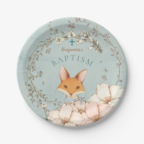 Vintage Cute Fox Florals Boy Green Baptism Paper Plates