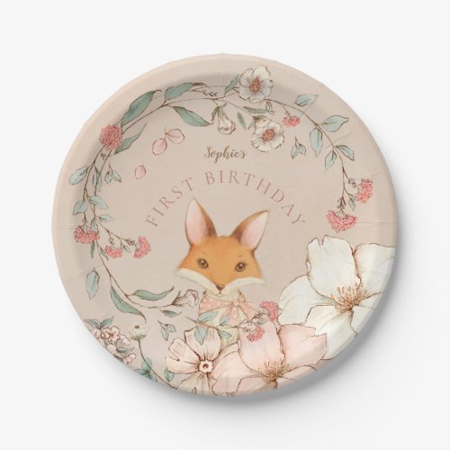 Vintage Cute Fox Florals Girl First Birthday Party Paper Plates