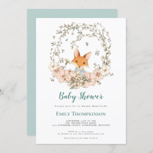 Vintage Cute Fox Foliage Duck Egg Blue Baby Shower Invitation