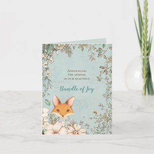 Vintage Cute Fox photo Florals Green Boy Birth Announcement
