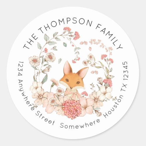 Vintage Cute Fox Pink Floral Return Name Address Classic Round Sticker