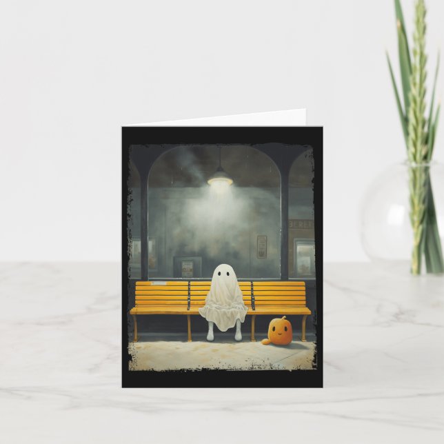Vintage Cute Ghost Waiting Subway Station Hallowee Card (Front)