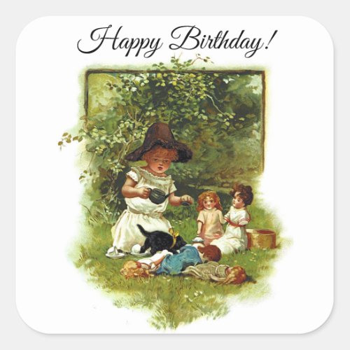 Vintage Cute Girl At The Garden Happy Birthday Square Sticker