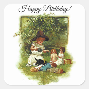 Vintage Cute Girl At The Garden Happy Birthday Square Sticker