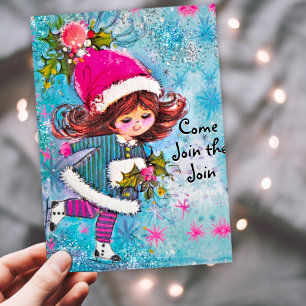Vintage cute girl blue glitter Christmas party Invitation