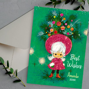 Vintage cute girl hat Christmas new year greeting Holiday Card