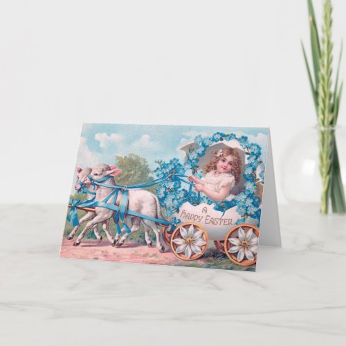 Vintage Cute Girl in Easter Egg Carriage by Lambs Card