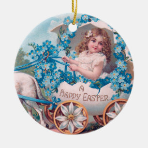 Vintage Cute Girl in Easter Egg Carriage by Lambs Ceramic Ornament