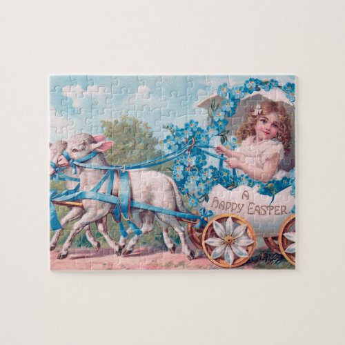 Vintage Cute Girl in Easter Egg Carriage by Lambs Jigsaw Puzzle
