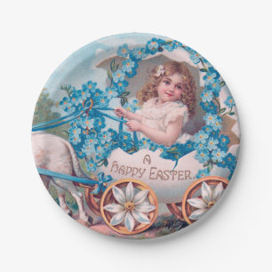 Vintage Cute Girl in Easter Egg Carriage by Lambs Paper Plates