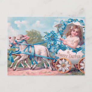 Vintage Cute Girl in Easter Egg Carriage by Lambs Postcard