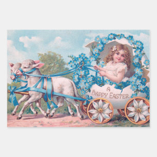 Vintage Cute Girl in Easter Egg Carriage by Lambs Wrapping Paper Sheets