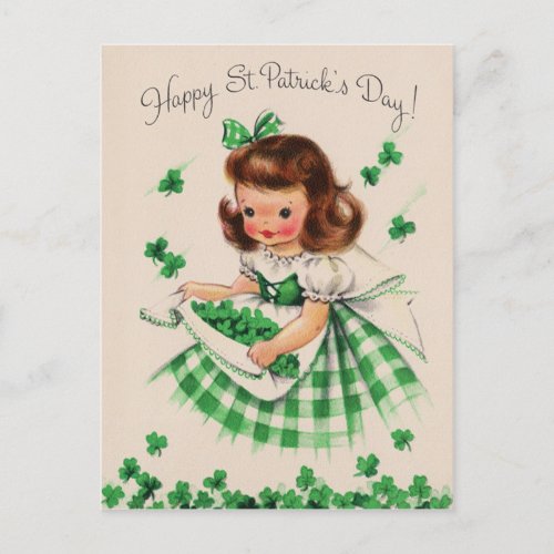 Vintage Cute Girl Shamrock St Patricks Day Card