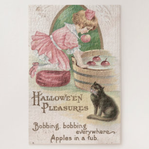 Vintage Cute Girl With Black Cat & Apples Jigsaw Puzzle