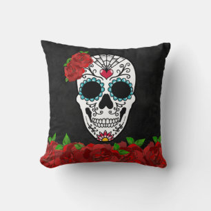 Vintage Cute Girly Sugar Skull Red Roses Throw Pillow