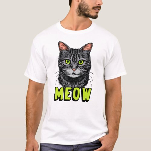 Vintage cute grey cat with green eyes t_shirt