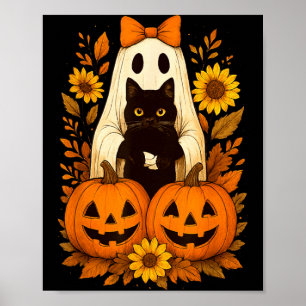 Vintage Cute Halloween Ghost Holding Black Cat Poster