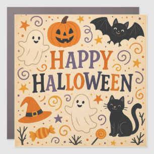 Vintage, cute happy halloween bat, ghost, pumpkin car magnet