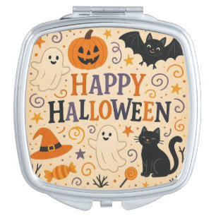 Vintage, cute happy halloween bat, ghost, pumpkin compact mirror
