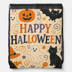 Vintage, cute happy halloween bat, ghost, pumpkin drawstring bag