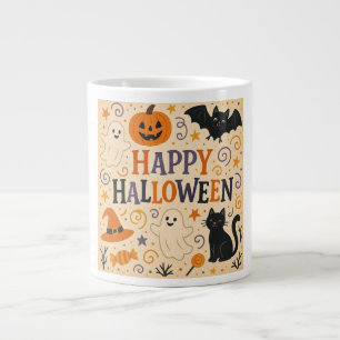 Vintage, cute happy halloween bat, ghost, pumpkin giant coffee mug
