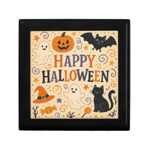 Vintage, cute happy halloween bat, ghost, pumpkin gift box
