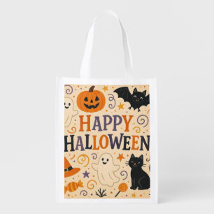 Vintage, cute happy halloween bat, ghost, pumpkin grocery bag