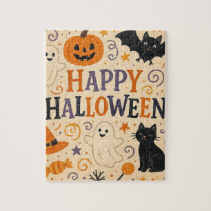 Vintage, cute happy halloween bat, ghost, pumpkin jigsaw puzzle