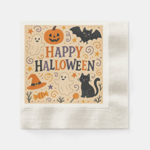 Vintage, cute happy halloween bat, ghost, pumpkin napkins