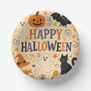 Vintage, cute happy halloween bat, ghost, pumpkin paper bowls
