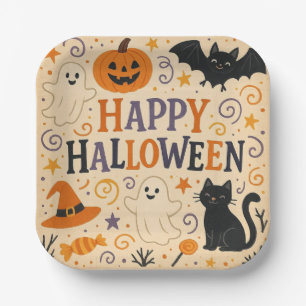 Vintage, cute happy halloween bat, ghost, pumpkin paper plates