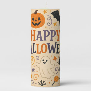Vintage, cute happy halloween bat, ghost, pumpkin pillar candle