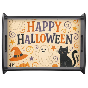 Vintage, cute happy halloween bat, ghost, pumpkin serving tray