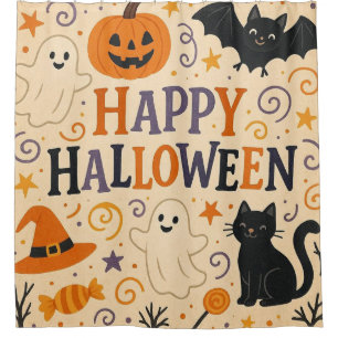 Vintage, cute happy halloween bat, ghost, pumpkin shower curtain