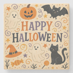 Vintage, cute happy halloween bat, ghost, pumpkin stone coaster