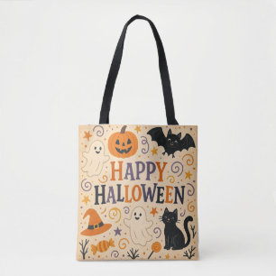 Vintage, cute happy halloween bat, ghost, pumpkin tote bag