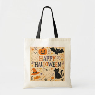 Vintage, cute happy halloween bat, ghost, pumpkin tote bag