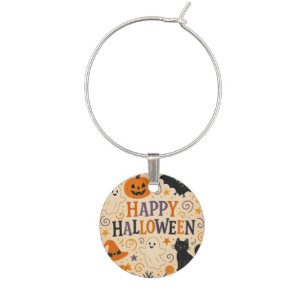 Vintage, cute happy halloween bat, ghost, pumpkin wine charm