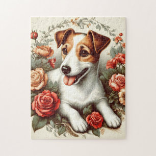 Vintage Cute Jack Russell Terrier Floral Jigsaw Puzzle