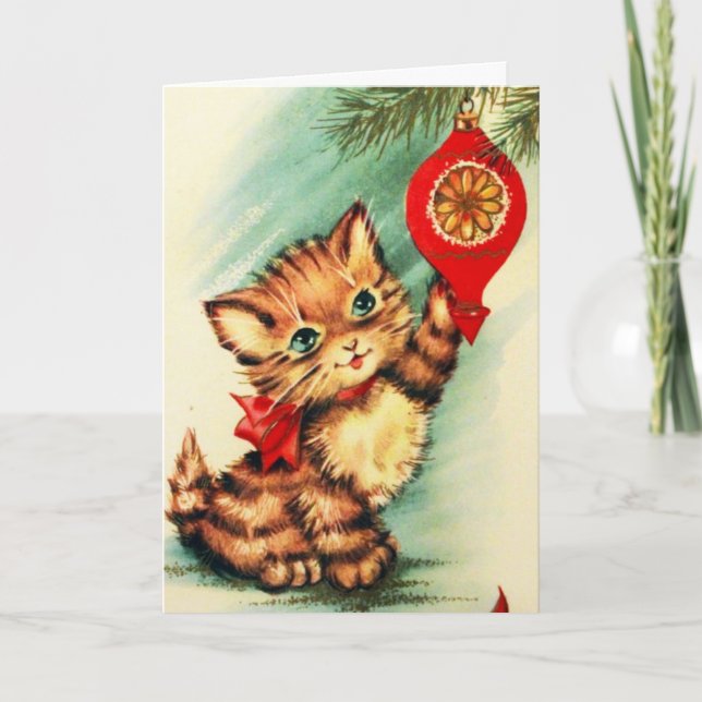 Vintage Cute Kitten By Christmas Tree Holiday Card (Front)