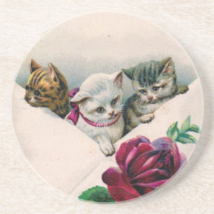 Vintage Cute Kittens In An Envelope With Rose Coaster