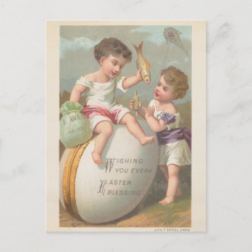 Vintage cute little boys play egg easter blessing  holiday postcard