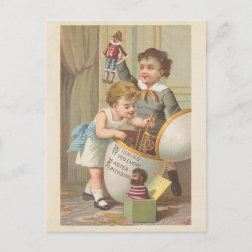 Vintage cute little boys toys egg easter blessing holiday postcard