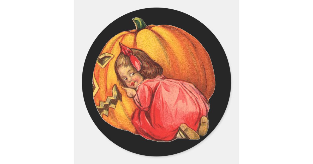 Vintage Cute Little Girl and Halloween Pumpkin Classic Round Sticker ...
