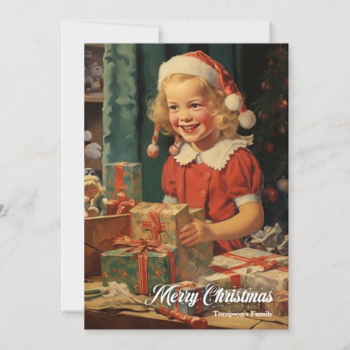 Vintage cute little girl with Christmas presents Holiday Card