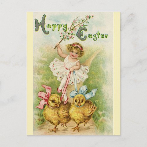 Vintage Cute Little Girl with Yellow Chicks Postcard