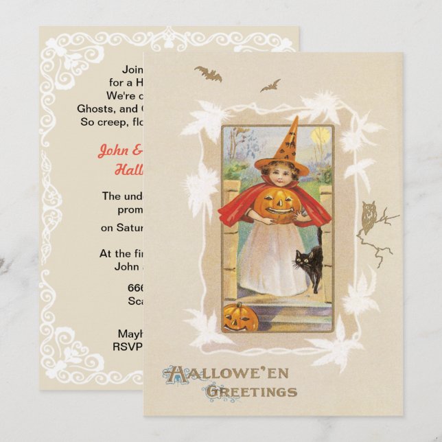 Vintage Cute Little Witch Halloween Invitation (Front/Back)