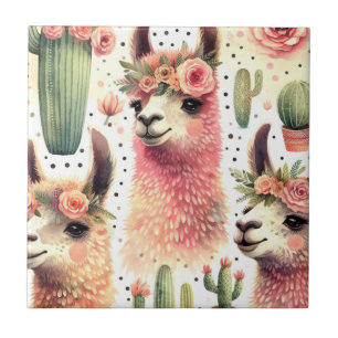 Vintage Cute Llama Watercolor Ceramic Tile