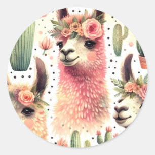 Vintage Cute Llama Watercolor Classic Round Sticker